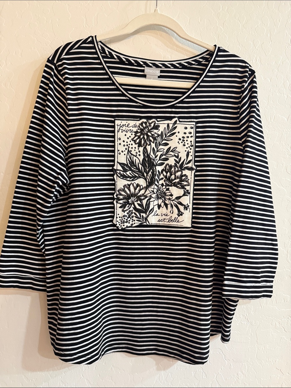 Chico's Black and White Striped Floral Patch Long Sleeve Tee
